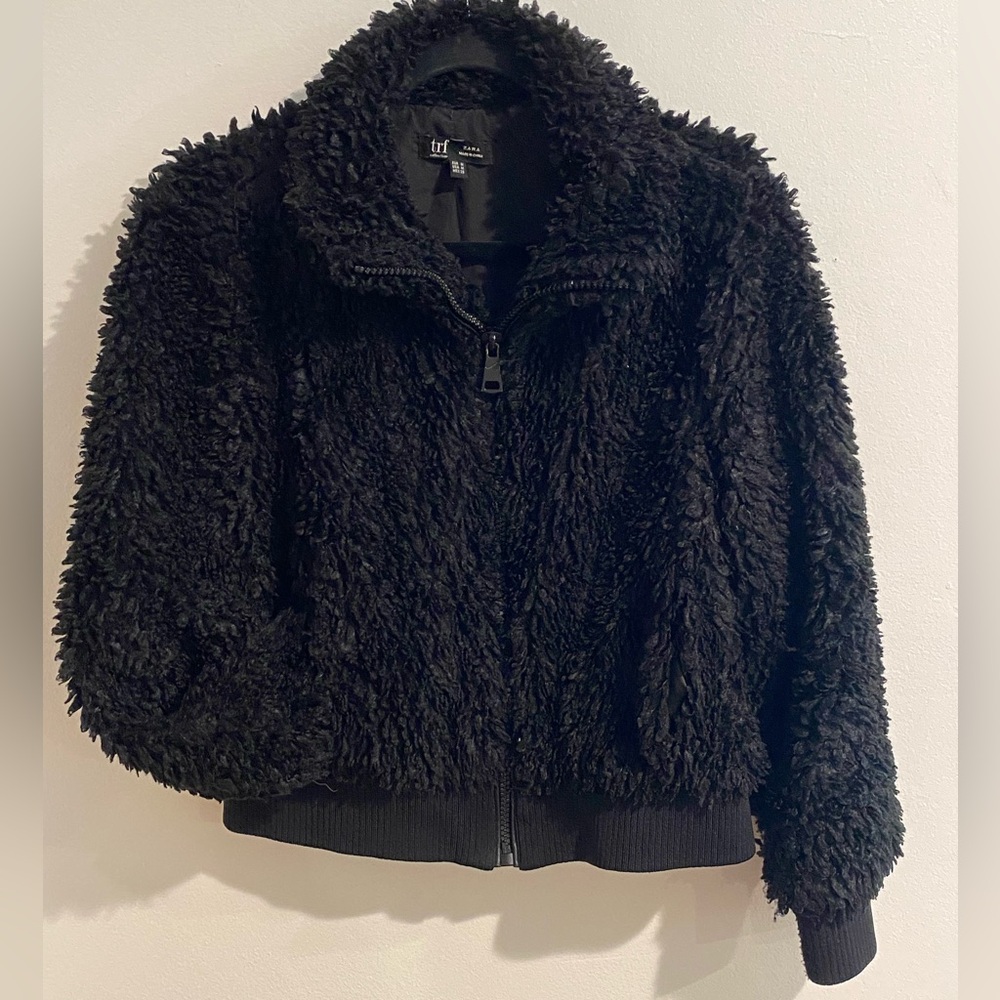 Zara TRF Crop Black Teddy Zip-Up Jacket sz M